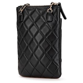 Chanel-Porte-téléphone en cuir d'agneau matelassé noir CC de Chanel avec chaîne-Noir