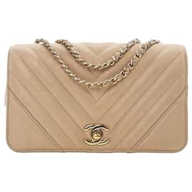 Chanel-Chanel Brown Small Chevron Caviar Statement Flap-Marron,Beige