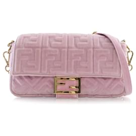 Fendi-Fendi Pink Zucca Embossed Velvet Baguette Satchel-Pink