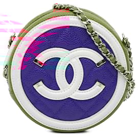 Chanel-Chanel Bleu Tricolore Caviar CC Filigrane Sac Rond Bandoulière-Bleu,Multicolore