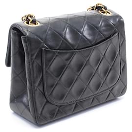 Chanel-Chanel Mini Carré Noir Classique en Agneau à Rabat Unique-Noir