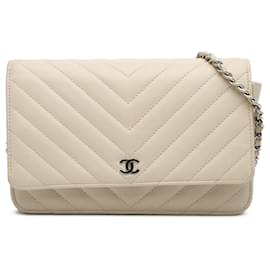 Chanel-Chanel White CC Chevron Calfskin Wallet On Chain-White,Cream
