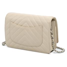 Chanel-Chanel White CC Chevron Calfskin Wallet On Chain-White,Cream