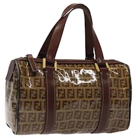 Fendi-FENDI Zucchino Canvas Hand Bag Enamel Brown Gold Auth 117350-Brown,Golden