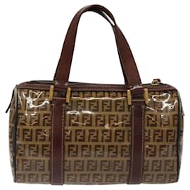 Fendi-FENDI Zucchino Canvas Hand Bag Enamel Brown Gold Auth 117350-Brown,Golden