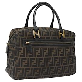 Fendi-FENDI Zucca Canvas Hand Bag Black Brown gold Auth ar13453-Brown,Black,Golden