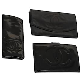 Chanel-CHANEL Portefeuille en cuir émaillé 3 pièces Noir CC Auth bs23390-Noir