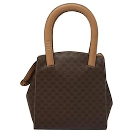 Céline-CELINE Macadam Canvas Hand Bag PVC Leather Brown Gold Auth ar13467-Brown,Golden