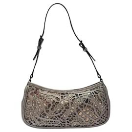 Burberry-BURBERRY Nova Check Accessory Pouch Leather Silver Auth 118011-Silvery