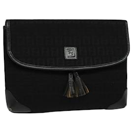 Fendi-FENDI Zucchino Canvas Shoulder Bag Vintage Black Gold Auth 117309-Black,Golden