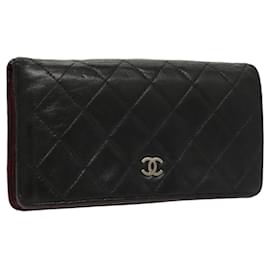 Chanel-CHANEL Matelasse COCO Mark Long Wallet Lamb Skin Black CC Auth 117353-Black