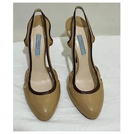Prada-Beige patent leather sling back shoes with cut outs-Beige