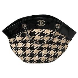 Chanel Handbag Black Patent Leather and Straw Black Beige