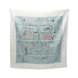 Hermès-Hermès Carré 90 BRIDES de GALA en Fleurs Écharpe-Blanc,Bleu,Multicolore