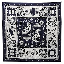 Hermès-Hermes Carré 55 Silk Bandana-White,Navy blue
