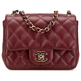 Chanel-Chanel Rouge Mini Carré Classique en Cuir d'Agneau à Rabat Unique-Rouge,Bordeaux
