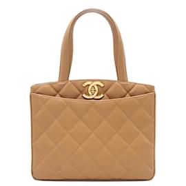 Chanel-Sac à main Chanel Brown CC en cuir caviar matelassé avec fermoir à tourniquet-Marron,Beige