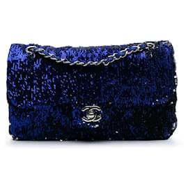 Chanel-Chanel Blue Medium Classic Sequin Single Flap-Blue,Dark blue