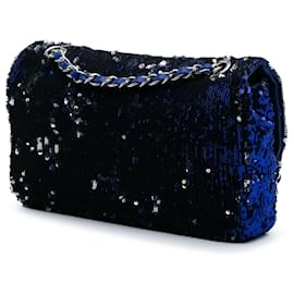 Chanel-Chanel Blue Medium Classic Sequin Single Flap-Blue,Dark blue
