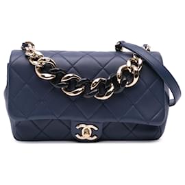 Chanel-Chanel Blue Small Lambskin Elegant Chain Single Flap-Blue,Dark blue