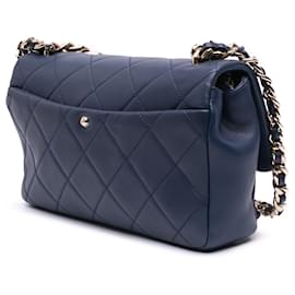 Chanel-Chanel Bleu Petit Agneau Élégant Chaîne Simple Rabat-Bleu,Bleu foncé