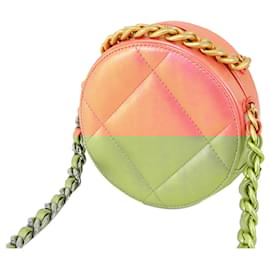 Chanel-Pochette ronde Chanel en agneau irisé rose 19 avec chaîne-Rose