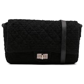 Chanel-Chanel Black Jumbo Reissue 2.55 Quilted Tweed Easy Messenger Flap-Black
