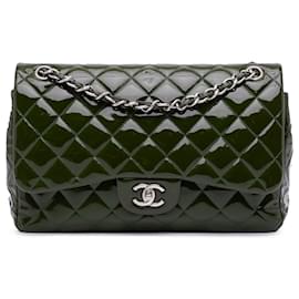 Chanel-Chanel Green Jumbo Classic Patent Double Flap-Green,Dark green