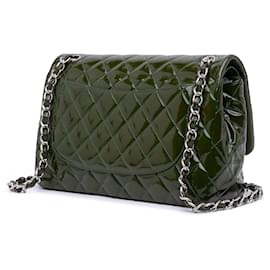 Chanel-Chanel Vert Jumbo Classique en Cuir Verni Double Rabat-Vert,Vert foncé