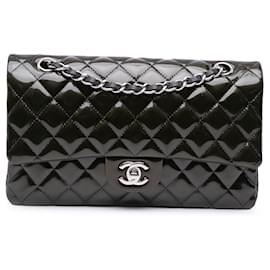 Chanel-Chanel Black Medium Classic Striped Patent Double Flap-Black