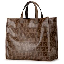 Fendi-Fendi Brown Fila Zucca Coated Canvas Logo Mania Shopper Tote-Brown