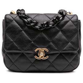 Chanel-Chanel Black Mini Quilted Lambskin Lacquered Chain Flap-Black