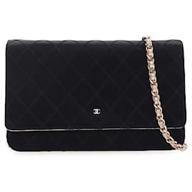 Chanel-Chanel Black Bicolor Satin Diamond Stitch Wallet On Chain-Black,Golden
