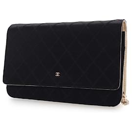 Chanel-Chanel Black Bicolor Satin Diamond Stitch Wallet On Chain-Black,Golden