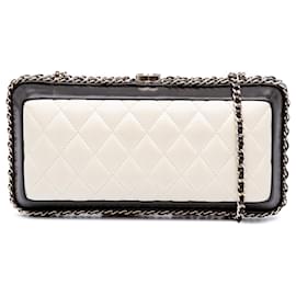 Chanel-Pochette Chanel en cuir d'agneau matelassé bicolore blanc avec chaîne autour-Blanc,Écru