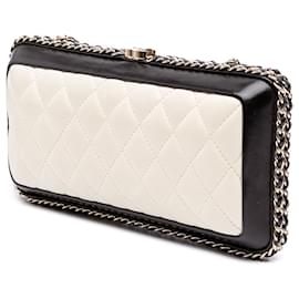 Chanel-Pochette Chanel en cuir d'agneau matelassé bicolore blanc avec chaîne autour-Blanc,Écru