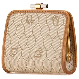 Dior-Dior Brown Honeycomb Canvas Kisslock Coin Pouch-Brown,Beige