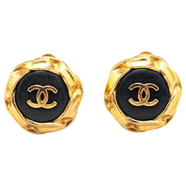 Chanel-Chanel Gold Gold Plated Acrylic CC Button Clip On Earrings-Golden,Other