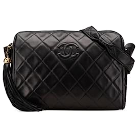 Chanel-Chanel Noir CC en Cuir Agneau Matelassé avec Frange en Bandoulière-Noir