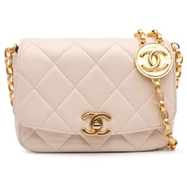 Chanel-Chanel Brown Petit Sac à Rabat en Cuir Agneau Matelassé CC-Marron,Beige