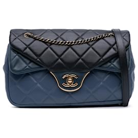 Chanel-Chanel Blue CC Tricolor Quilted Lambskin Double Flap-Blue
