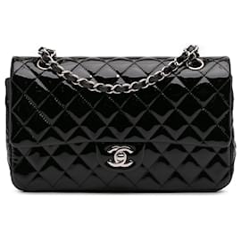 Chanel-Chanel Noir Moyen Classique en Cuir Verni Double Rabat-Noir