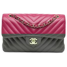 Chanel-Chanel Pink Small Classic Chevron Lambskin Double Flap-Pink,Other