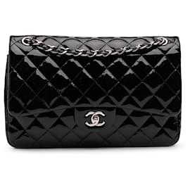 Chanel-Chanel Noir Jumbo Classique en Cuir Verni Double Rabat-Noir