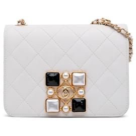 Chanel-Chanel White Small CC Quilted Calfskin Crystal Pearl Full Flap-White,Cream