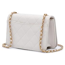 Chanel-Chanel White Small CC Quilted Calfskin Crystal Pearl Full Flap-White,Cream