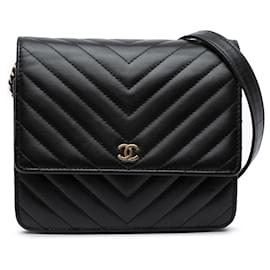 Chanel-Chanel Black CC Chevron Lambskin Square Wallet On Chain-Black