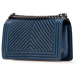 Chanel-Chanel Bleu Ancien Moyen Chevron Cuir d'Agneau Boy Flap-Bleu,Bleu foncé
