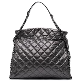 Chanel-Chanel Gris Grand Hobo en Cuir Métallisé Matelassé avec Chaîne-Marron,Gris anthracite