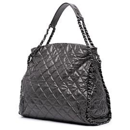 Chanel-Chanel Gris Grand Hobo en Cuir Métallisé Matelassé avec Chaîne-Marron,Gris anthracite